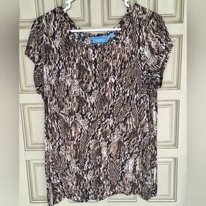 Simply Vera Animal Silky Top SzL Blk/Tan Leopard Short Sleeves Round Neck